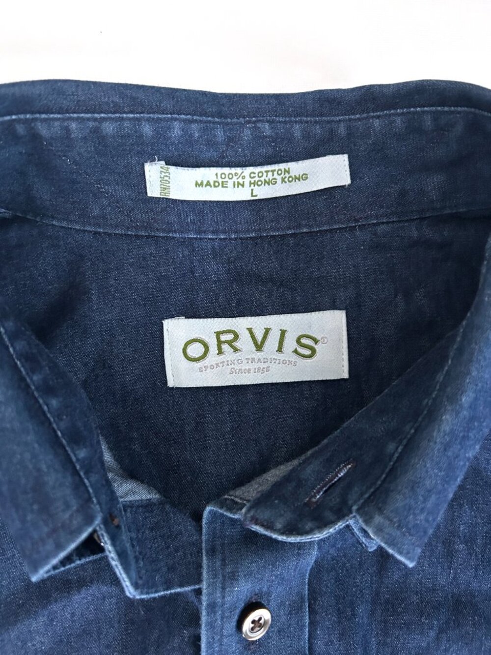 Vintage Orvis Chambray Button Down Shirt Made in Hong Kong 100% Cotton L - Picture 7 of 8